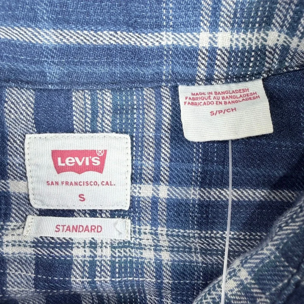Levi Mens S‎ Blue Plaid Cotton Western Standard Fit Pearl Snap Long Sleeve Shirt
